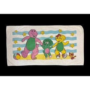 1998 Vintage Barney The Dinosaur Beach Bath Towel Baby Bop BJ Lyons Group Franco